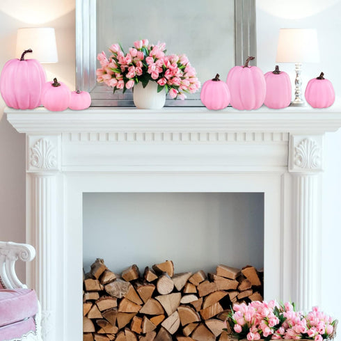 Winlyn 7 Pcs Assorted Sizes Fall Artificial Pink Pumpkins for Halloween, Thanksgiving, Harvest Holiday Season Tabletop