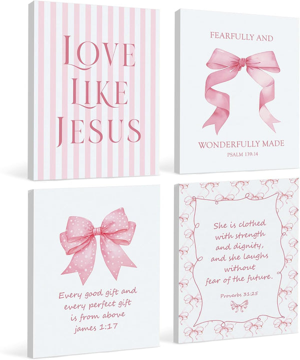 LARTSFRO Coquette Pink Bow Jesus Canvas Wall Art Decor Posters Prints, Light Pink