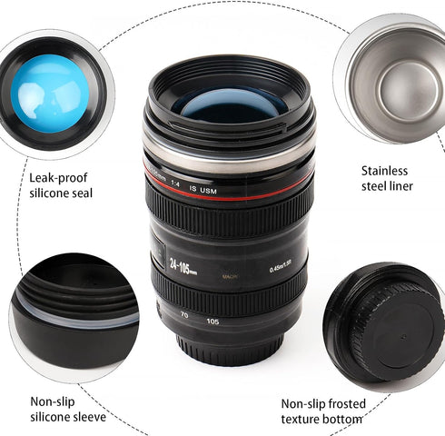 Camera Lens Coffee Mug, Stainless Steel Travel Cup with Lid and Spoon, Cool Gift for Photographers
