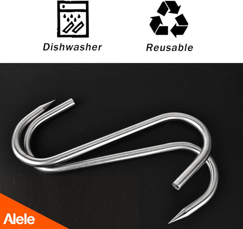 Alele 8 Inch Meat Hook 10mm Heavy Duty Stainless Steel Butcher Hooks for Hanging Beef (10mm 8inch 4p)