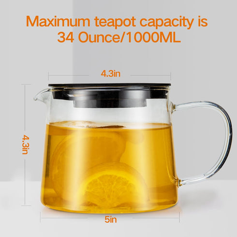 Glass Teapot 34oz/1000ml with Removable Stainless Steel Infuser, Stovetop Safe for Loose and Blooming Leaf Tea