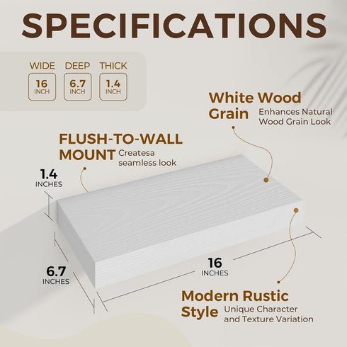 Dreamland 16 Inch White,6.7 Inch OfficeSet 2 Long Floating Shelves in Deep Floating Shelf for Wall,Large Display