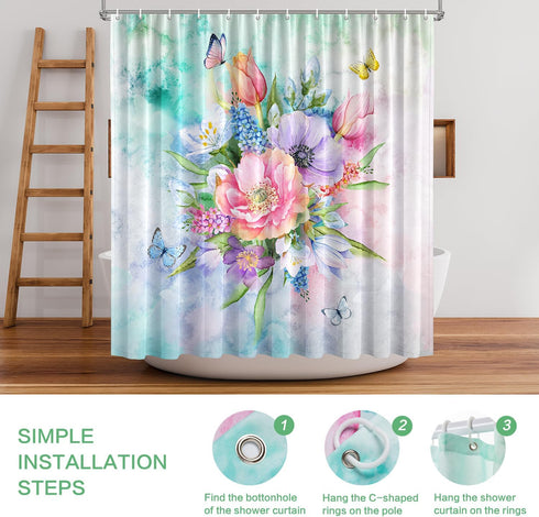 Floral Shower Curtain Set, Summer Blooming Flowers, Waterproof Polyester Fabric, Machine Washable Bath Curtain