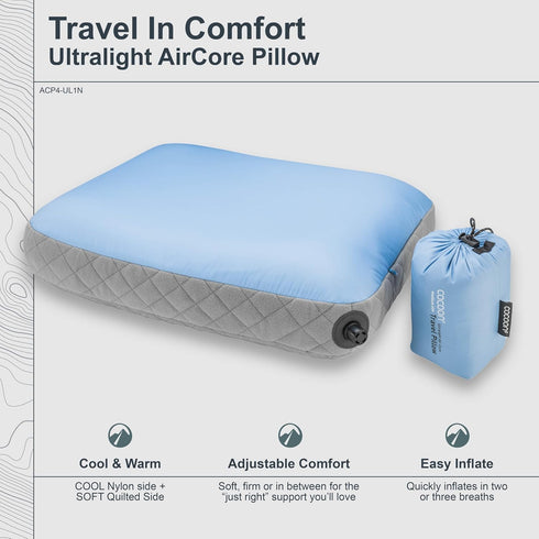 14" 18" COCOON- Premium - Ultralight AirCore Pillow - Inflatable Camping and Travel Pillow - Medium x (Light Blue)