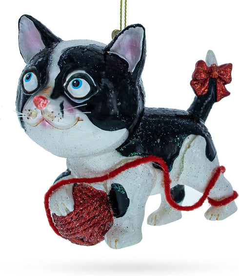 Playful Cat Blown Glass Christmas Ornament Entangled with Yarn Ball