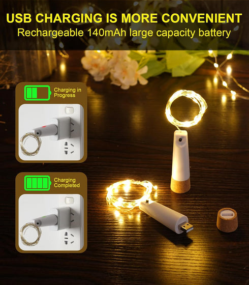4 Pack 20 6.6 Wine Bottle Lights with Cork, USB Rechargeable Cork Lights for Wine Bottles,Christmas, Valentine's