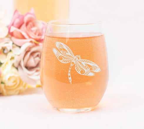 Dragonfly Stemless Wine Glass - 17 oz Dragonfly Themed Gift for Men and Women
