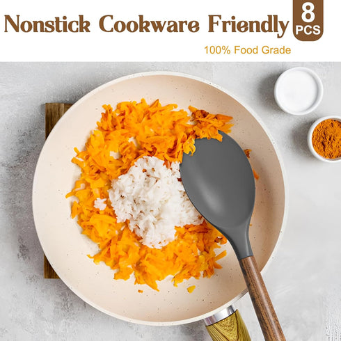 Umite Chef Silicone Cooking Utensil Set, 8-Piece Kitchen Gadgets with Acacia Wooden Handles, Grey
