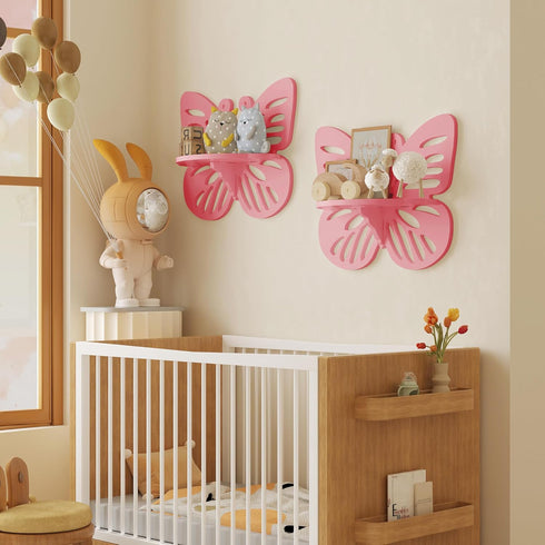 2-Tier Butterfly Wall Shelf - Nursery Decor Pink Floating Corner Shelves, Cute Wall Display Rack Bookshelf for Kids
