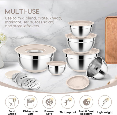E-far 25PCS Mixing Bowls with Lid Set, Stainless Steel Nesting Prep Bowls with Grater Attachments for Cooking, Food