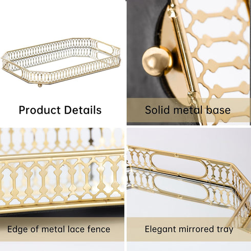 TEITEAI Bar Cart Tray, Decorative Mirrored Tray with Handles, Large Capacity Organizer, Gold