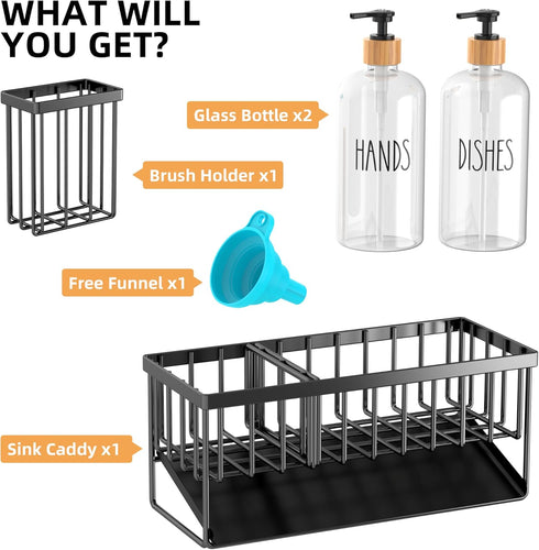 Set 2 Pack 16.9oz Set Cisily Kitchen Dish Soap Dispenser with Black Sponge Holder and Clear Glass, Dish Soap Dispensers