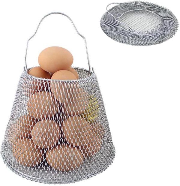 Collapsible Round Egg Basket - Metal Wire Storage with Handles, Golden Basket for Family Farm Gathering, Holds 20-25