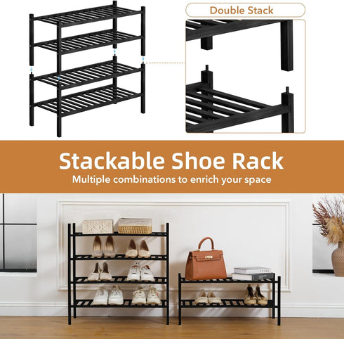 2 Closet, 27"x11"x13" 2 Tier Bamboo Shoe Rack Storage Organizer for Multifunctional Stackable Free Standing Shoe Shelf