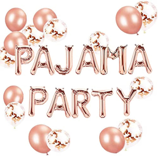 LaVenty Set of 11 Rose Gold PAJAMA PARTY Balloons and Banner for Slumber Party Decor