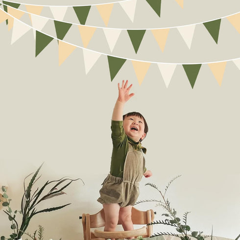 32Ft Sage Green Party Decorations - Olive Green Tan Brown Cream Triangle Flag Fabric Banner for Birthday Wedding Decor