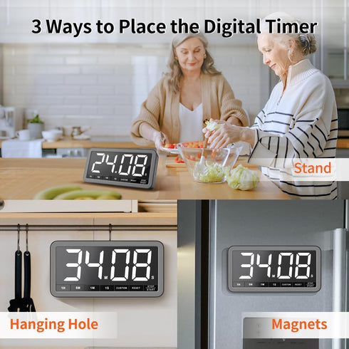 7.8 3 4 3 Countdown Count VOCOO Digital Kitchen Timer with Extra Large Display, Magnetic LED with Brightness, Alarms