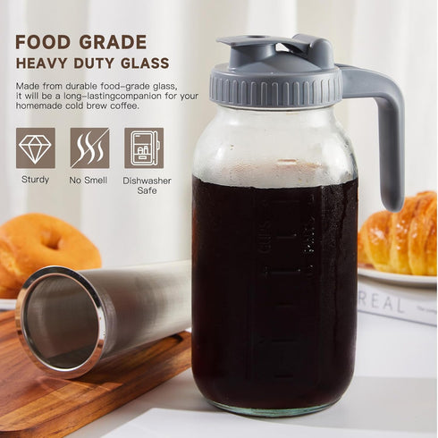 Cold Brew Coffee Maker Pitcher, 64 OZ Heavy Duty Glass Mason Jar, Stainless Steel Infuser Filter