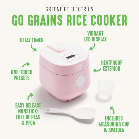 GreenLife 4-Cup Digital Rice Cooker, PFAS & PFOA-Free Removable Ceramic Dishwasher Safe Pot, Healthy Cooking Oats,