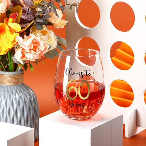 Gold Birthday Stemless Wine Glass - 17 oz Present for Men Women Party Wedding Anniversary Decorations (Cheers to 60