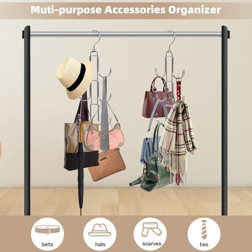 2 Pack Purse Hanger Organizer for Closet - Handbag Storage Organizer for Bags, Belts, Hats, Scarves, Ties