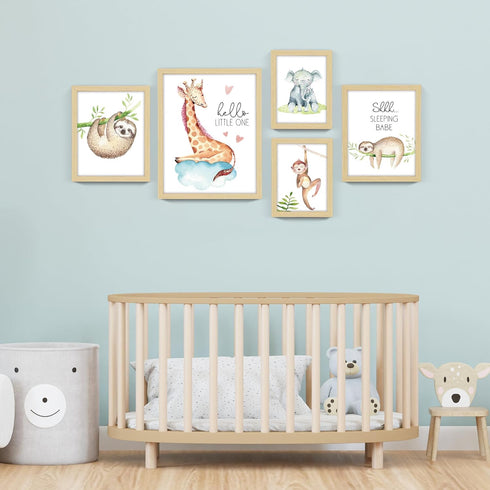 5 Pack Set, ArtbyHannah Woodland Nursery Wall Decor, Framed Baby Room Decor Safari Forest Animal Art Prints for Kids