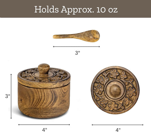 Pinch Mie Creations Rustic Salt Box Cellar with Hand Carved Lid & Spoon, Wooden Salt Bowls | Wood Salt Pepper Keeper