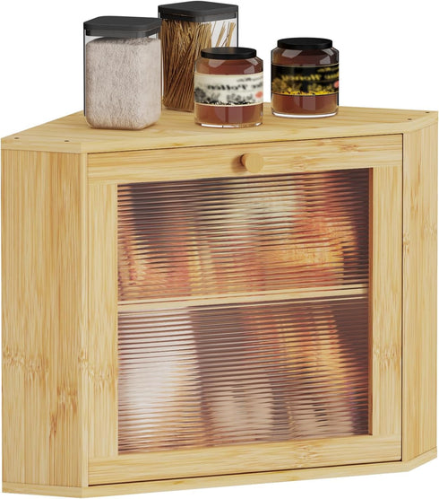 Vellzeyce Bamboo Bread Box for Kitchen Corner Countertop,Large-Capacity Bread Storage Container, Double Layer