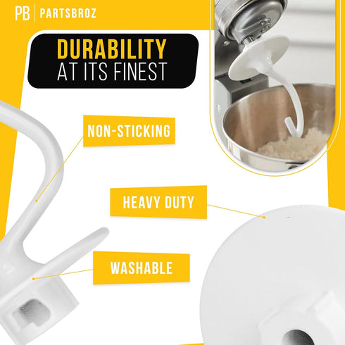 PartsBroz Kitchen Aid Dough Hook Attachment - 4.5 Qt, 5 Qt for KitchenAid Stand Mixer K45DH for Artisan Bread Kneading