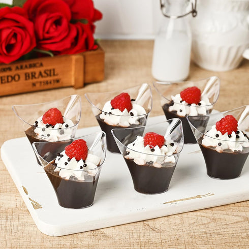 50 Pack 4 oz TOFLEN Plastic Dessert Cups with Spoons, Irregular Triangular Mini Dessert Bowls for Party Trifle, Yogurt