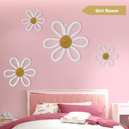 6 Pcs Boho Nursery Daisy Wall Decor, Woven Flowers Wall Hanging Art, White Boho Floral Room Decor with Lanyard