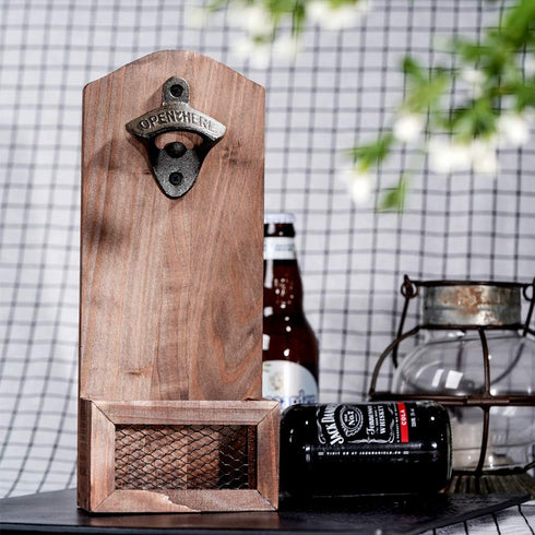 Vintage Wooden Wall Mounted Bottle Opener with Cap Collector Catcher, Ideal Gift for Beer Lovers