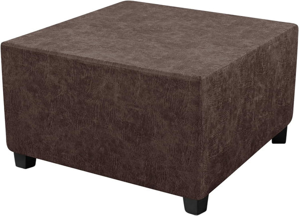Leather Looking Ottoman Cover Brown 40x40x15inch Stretch Footstool Slipcover 1 Piece Washable
