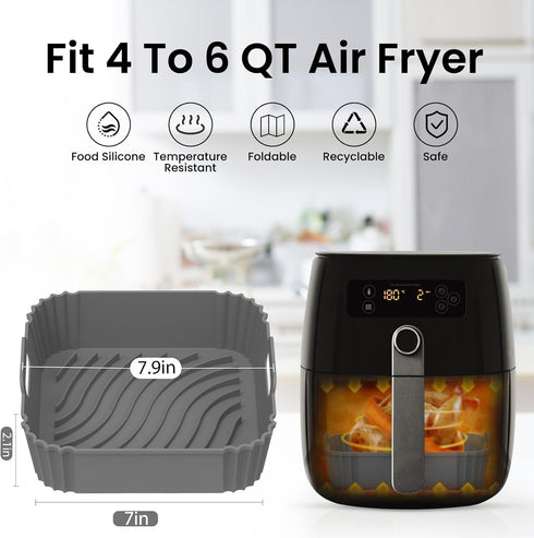Redfly 2 Pack Silicone Air Fryer Liners, Square Reusable Liners for 4-6 QT Air Fryer Accessories, Gray & Black