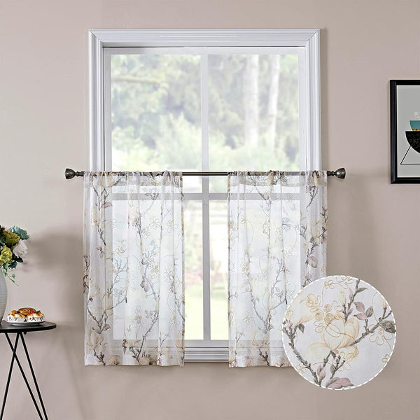 Tollpiz Floral Short White Sheer Tier Curtains, Set of 2 Panels, 30 x 24 inches, Flower Print Vine Embroidery for