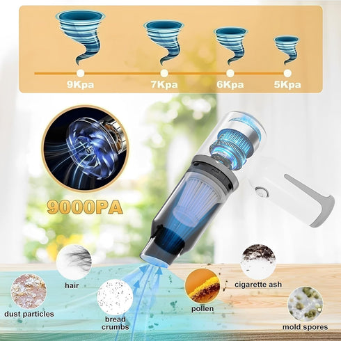 Mini Cordless Car Vacuum, Small Wireless Handheld Vacuum Cleaner 9000PA High Power Suction, Portable 3 in 1 Vacuum, Air