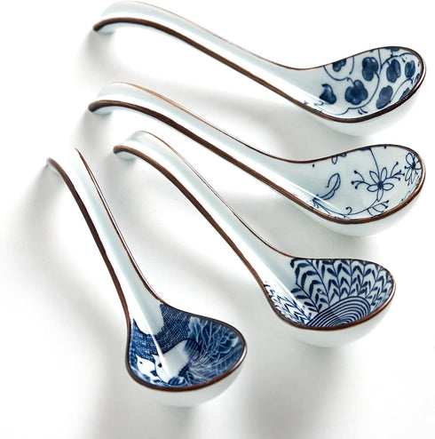 Set of 4 Asian Ceramic Soup Spoons, Long Handle for Ramen, Dumplings, Pho, Miso, Dishwasher Safe