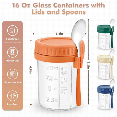 4 Pack 16 Oz DRKIO Glass Overnight Oats Containers with Lids and Spoons Mason Jars for Overnight Oats Jars Leak Proof