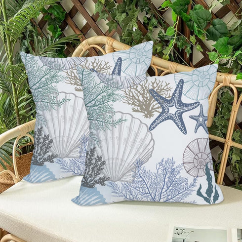 Blue Ocean Waterproof Outdoor Pillow Covers 18x18 Inch Set of 2, Nautical Coastal Starfish Coral Shell Conch Throw