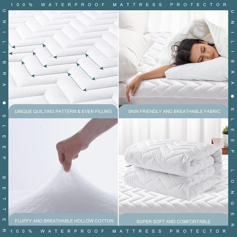 King Size Waterproof Mattress Protector Quilted, Ultra-Soft Filling Mattress Pad with Fitted Deep Pocket for 6''-25''