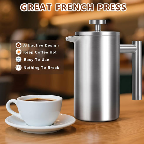 AgcKuzt 34 oz, 4 2 French Press Full Stainless Steel French Press Coffee Maker Cups, Upgrated Double-Walled Insulated