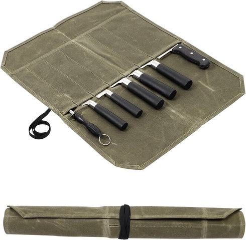 Chef Knife Roll Bag, Waxed Canvas Knife Roll Case with 7 Slots, Portable Kitchen Knife Storage, Culinary Tool Protector