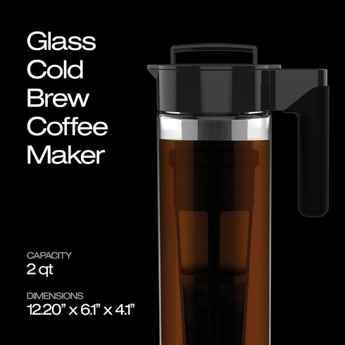 Takeya 2 Quart Glass Cold Brew Coffee Maker for Iced Coffee, Airtight Pitcher, Premium Quality, Black Lid and Handle
