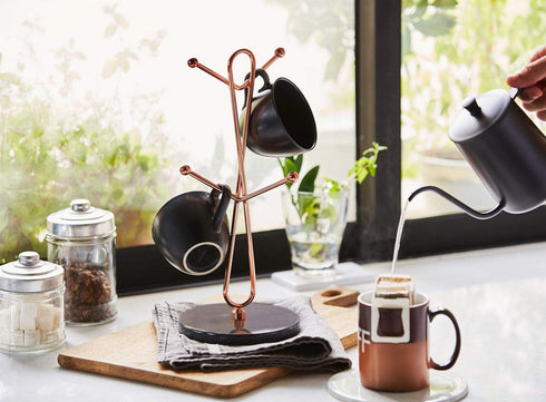 JEmarble Mug Holders with Copper Plated Standing (Black) Countertop Mug Tree, Coffee Mugs & Tea Cup Storage Rack