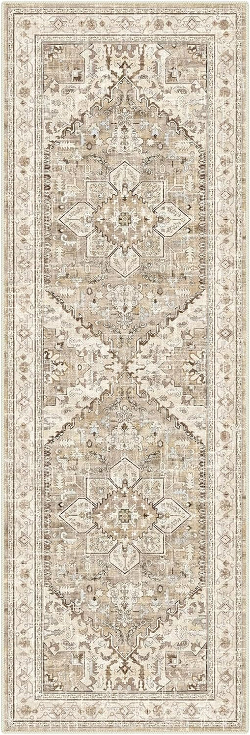 Washable Runner Rug, 2x6 Non-Slip Boho Vintage Hallway Rug - Stain Resistant Faux Wool Carpet Runner