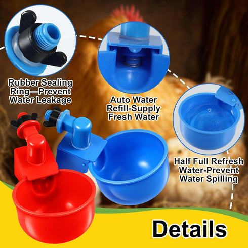 50 Packs Tanlade Chicken Waterer Chicken Feeder, Automatic Waterer Kit for Poultry Duck Goose Turkey Bunny (Red,Blue)