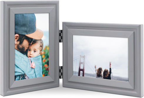 Vertical Horizontal Art Double 4x6 Grey Wood Foldable Picture Frame - 3.5x5.5 Opening