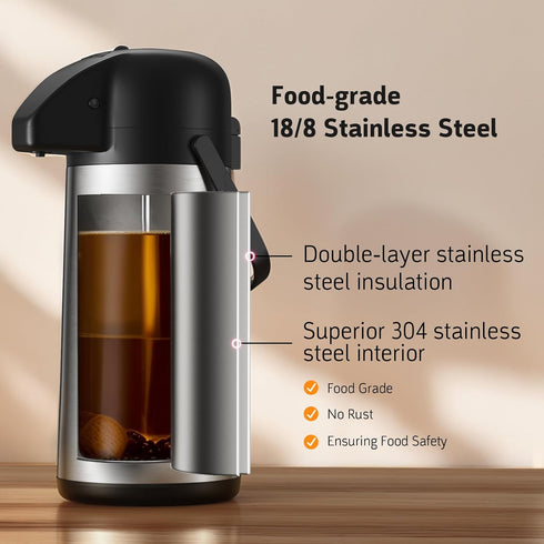 Airpot Coffee Carafe, 64 OZ / 1.9L Insulated Stainless Steel Thermos Urn for Hot Drinks, Pump Dispenser for Parties