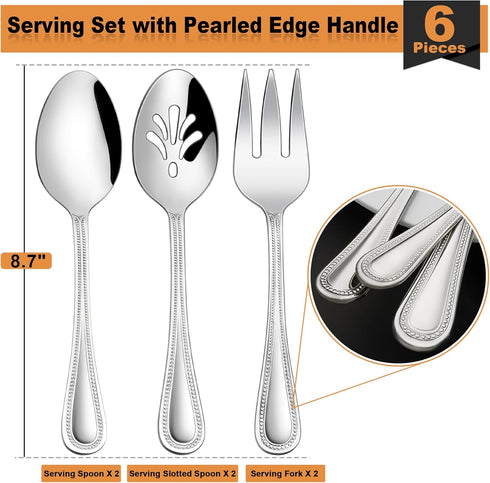 Serving Set, HaWare 6 Pieces Stainless Steel Silverware Serving Utensils, Pearled Edge Hostess Serving Set for Buffet Party Kitchen Restaurant, Mirror Finished & Dishwasher Safe by HaWare