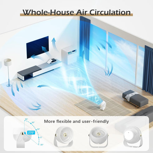 CIVPOWER Air Circulator Desk Fan: Rechargeable Fan with 6000 mAh Battery - 4 Speed and Timing - 270° Adjustable Quiet Fan for Bedroom/Office/Camp - White by CIVPOWER